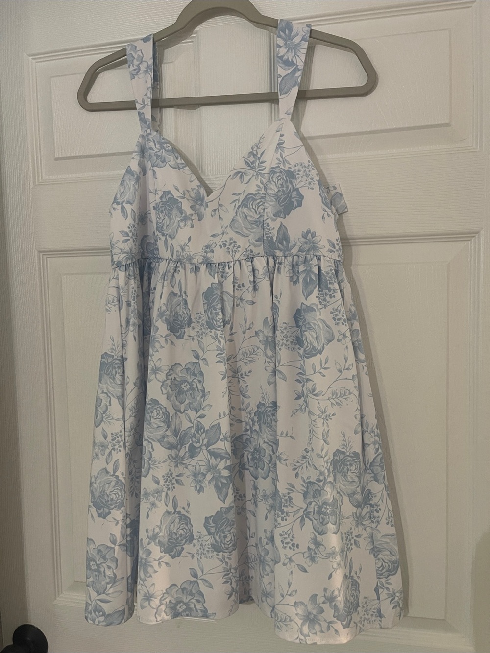 Girls White Sundress with Light Blue Floral Print - Sleeveless Casual Dress